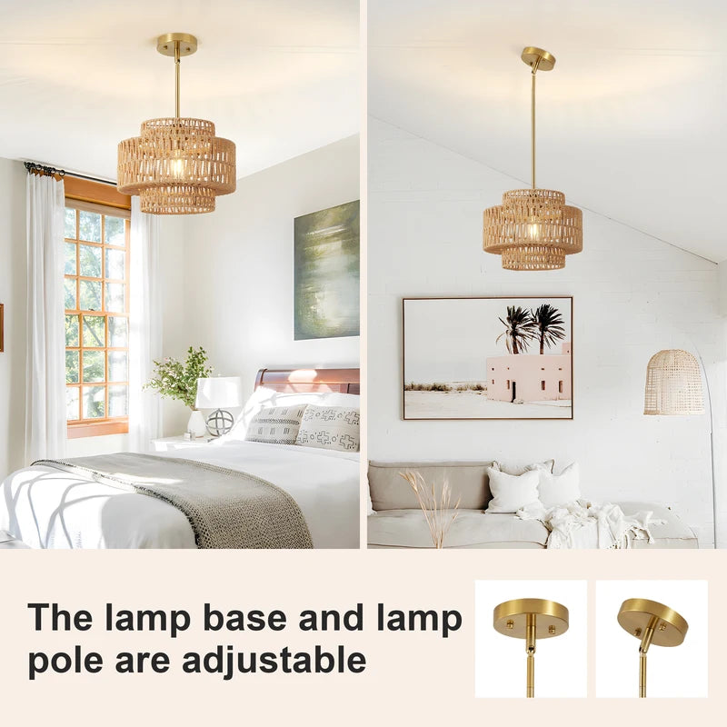 13 Inch Boho Rattan Pendant Light Chandelier for Living Room and Kitchen