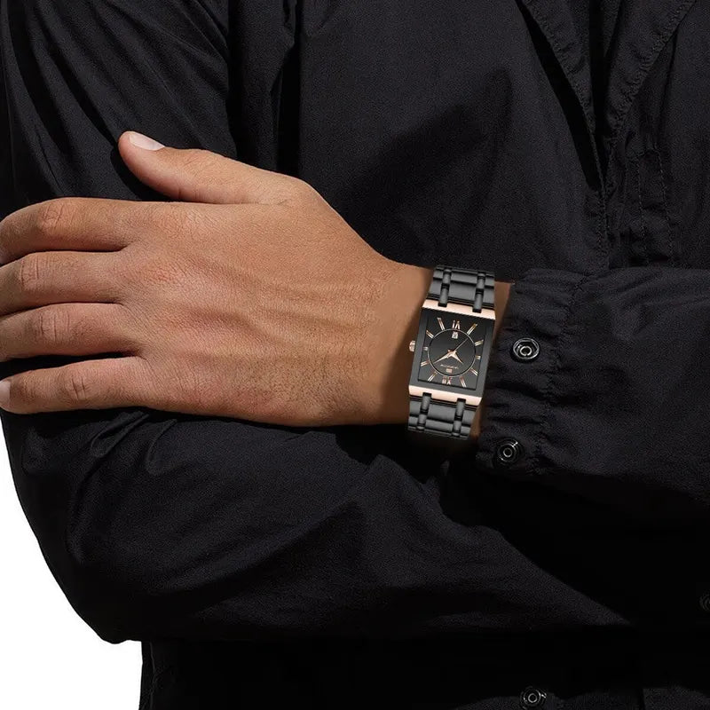Men's Business Dress Watch Luxury Rectangular Black Gold Stainless Steel Waterproof Quartz