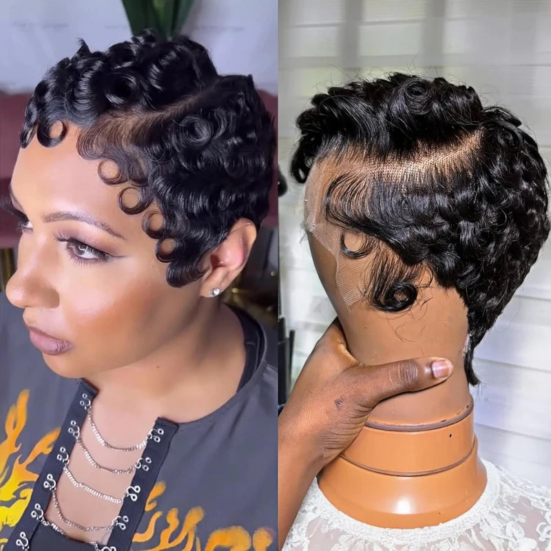 Short Curly Lace Front Human Hair Wig - Pixie Cut Style for Women