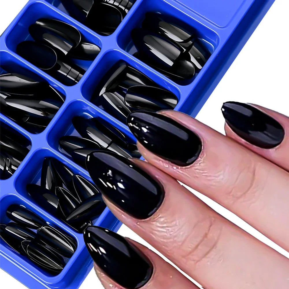 100Pcs Almond Press-On Fake Nails Medium Length Black Matte Nail Tips