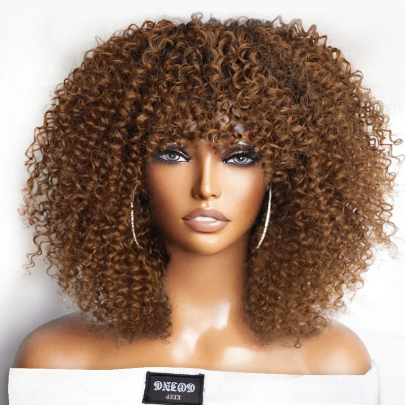 Kinky Curly Wig with Bangs - Full Machine Human Hair, Highlight Colors
