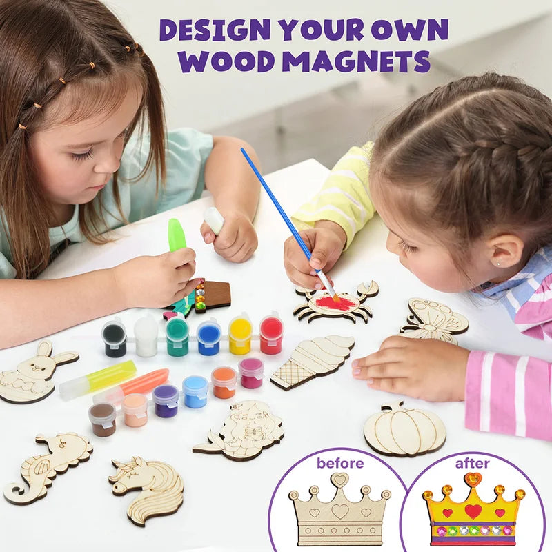 Kids DIY Wooden Magnet Craft Kit with Glow Paint & Accessories