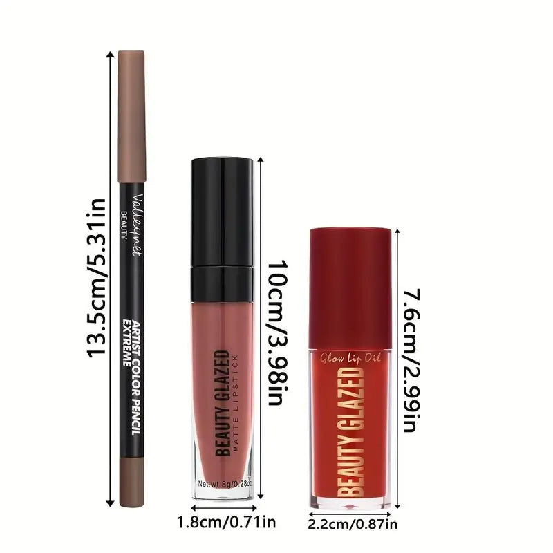 3Pcs Lip Makeup Set with Lip Liner, Lip Gloss & Lip Oil - Long-Lasting Waterproof