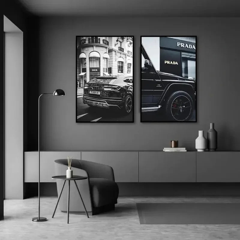 Modern Black Car Wall Art Canvas Painting - Nordic Street Luxury Poster for Home Decor