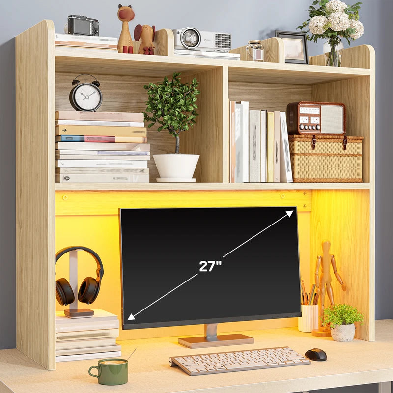 3-Tier Desk Hutch with LED Lighting and 6 Shelves - Space-Saving Office Organizer
