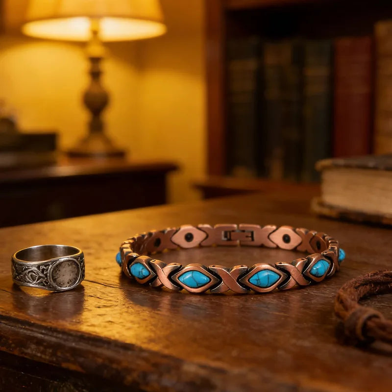 Vintage Copper Turquoise Inlay Magnetic Therapy Bracelet for Women - Boho Western Style Jewelry