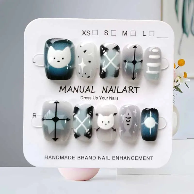 10-Pack Cute Cartoon Black Cat Geometric Nail Art Stickers for Fake Nails