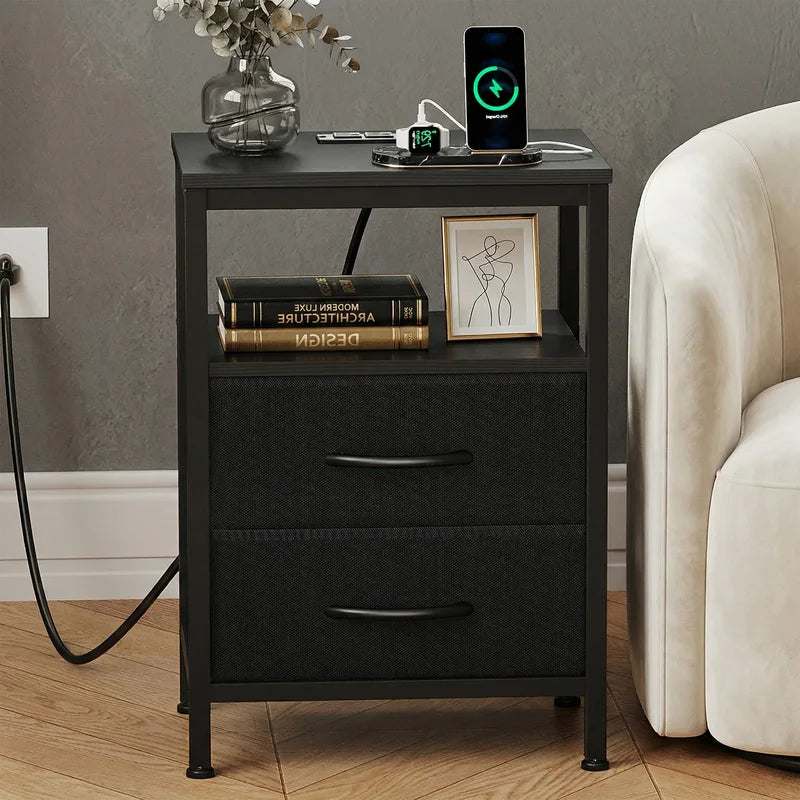 Fabric Drawers Nightstand with USB Charging Station - Bedside Storage End Table