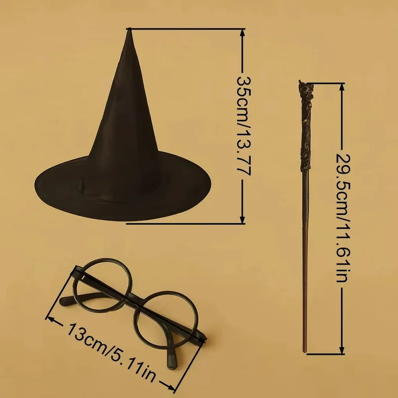 Halloween Wizard Costume Accessory Set with Witch Hat Glasses and Magic Wand - Cosplay Props