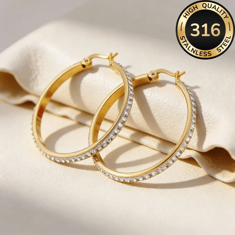 Large Crystal Hoop Earrings for Women - Hypoallergenic 316L Stainless Steel Gold & Silver