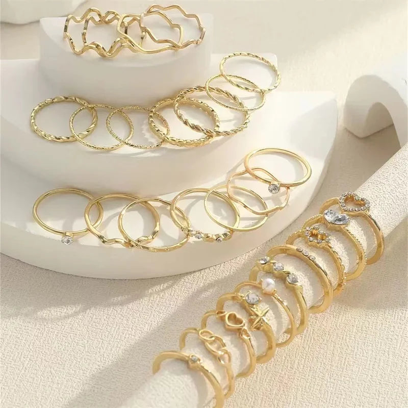 23-Piece Women's Zircon Wave Ring Set - Multi-Element Design for Daily Wear