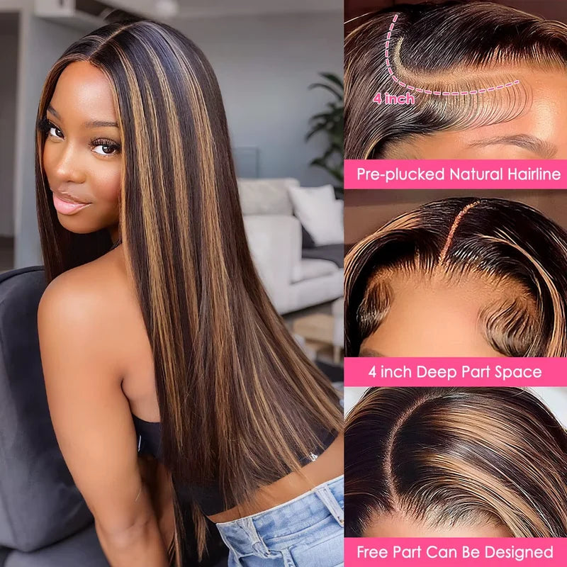 Highlight Ombre Human Hair Wig 13x6 HD Transparent Lace Frontal Straight 250% Density