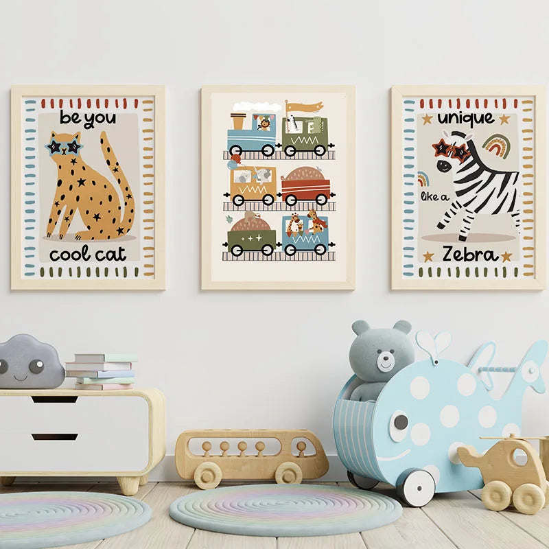 Nursery Wall Art Canvas Prints - Cartoon Animals for Kids Room Decor