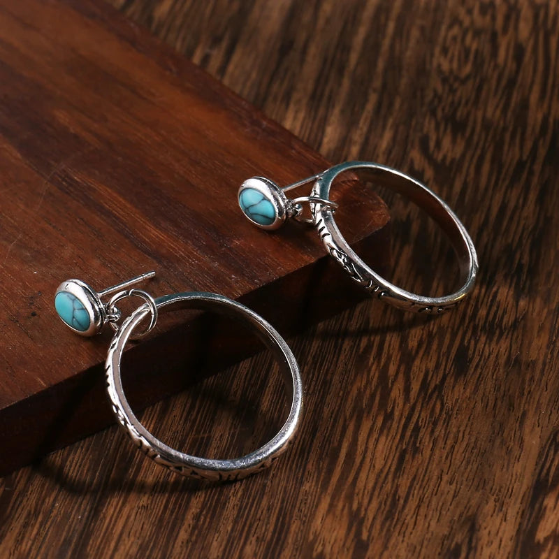 Vintage Metal Circle Earrings with Red Stone Bohemian Jewelry for Women