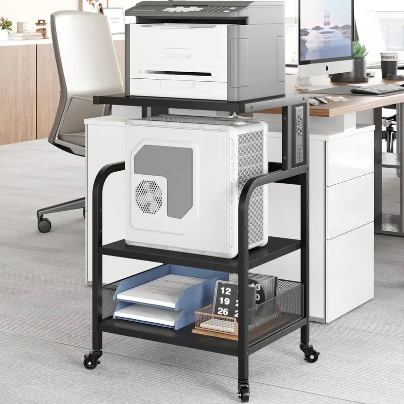 3-Tier Mobile CPU Stand Printer Shelf with Adjustable Shelves & Rolling Wheels