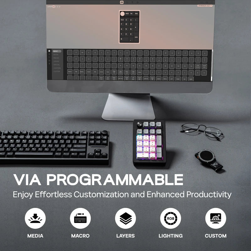 Wireless Numeric Keypad with Aluminum Alloy Knob, RGB Backlit, 20 Keys, Bluetooth & Wired