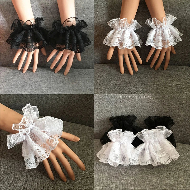 Elegant Lace Wrist Cuffs - Ruffled Floral Short Bridal Gloves for Women
