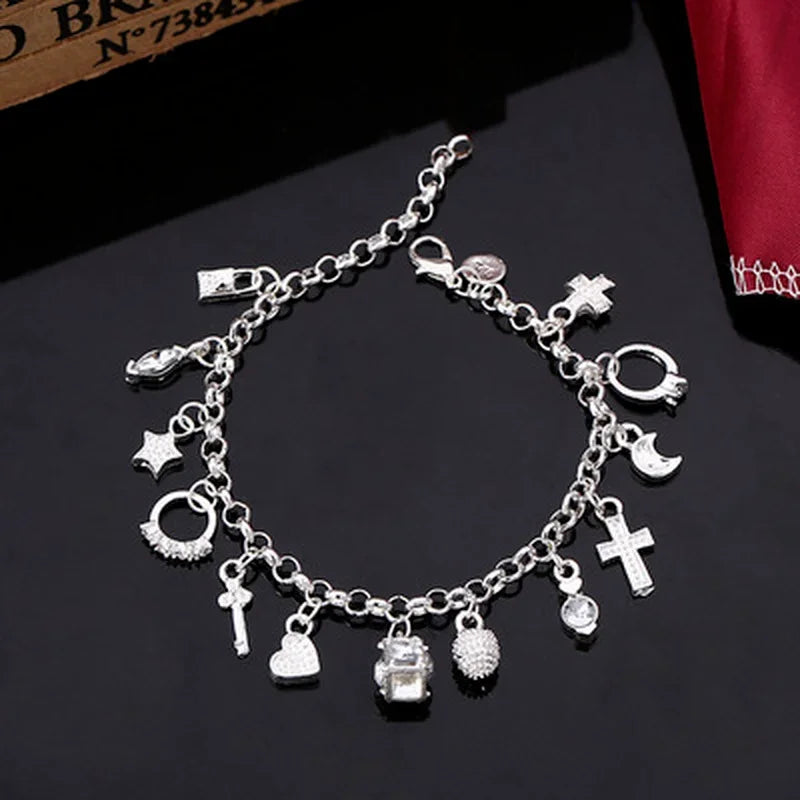 925 Sterling Silver Pendant Chain Charm Bracelet for Women Teens Girls Gift Jewelry