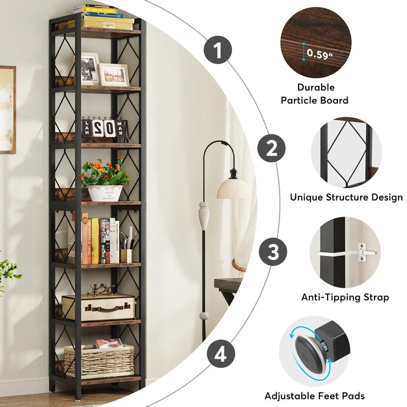 78.7-Inch Tall Narrow Bookshelf with 7 Shelves for Small Spaces