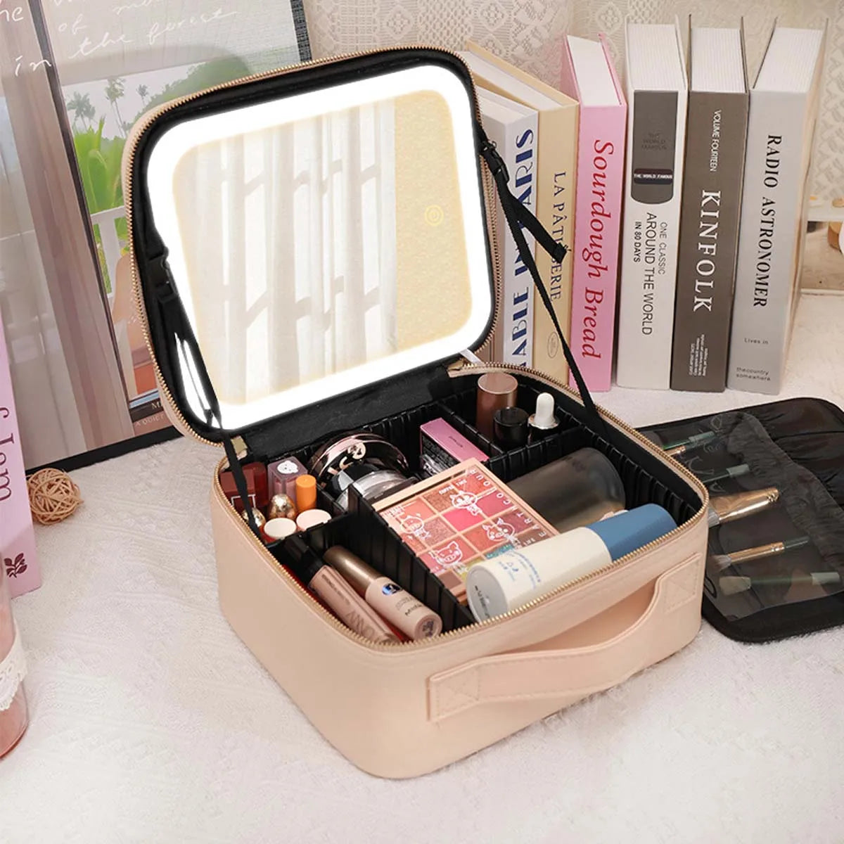 Large Capacity Makeup Bag with Full Screen Mirror Portable Travel Organizer