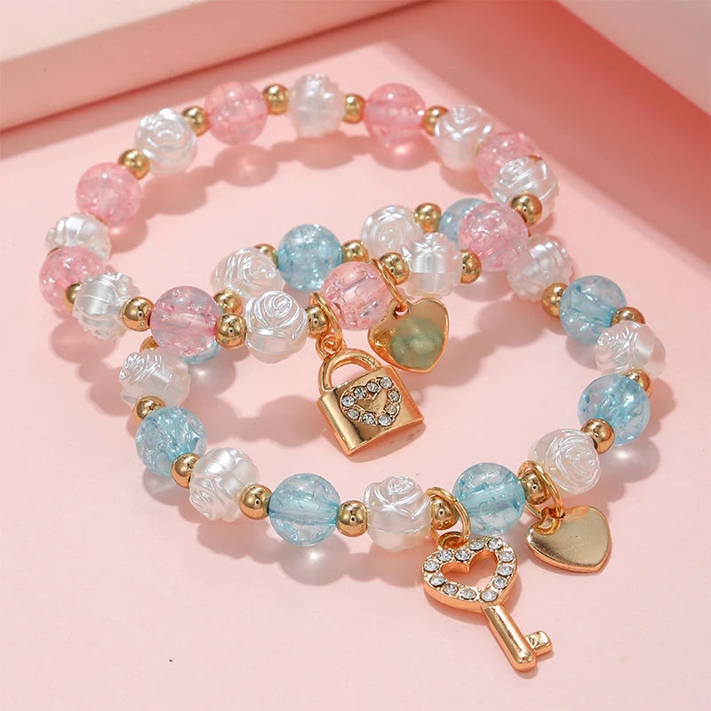 2PCS Heart Charm Key Lock Beaded Bracelets for Girls Friendship & Birthday Gift