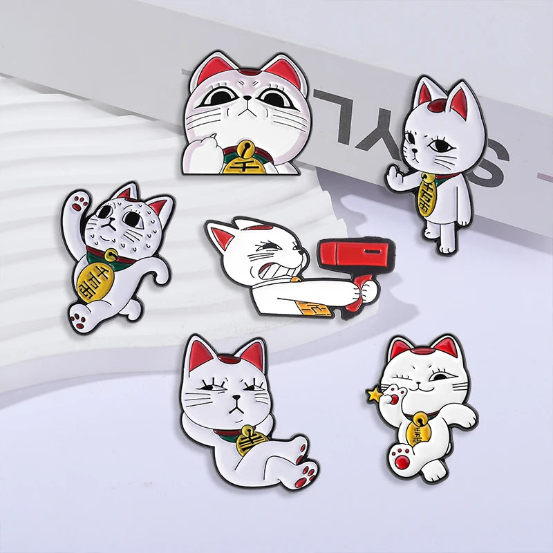 Anime Cat Enamel Pin with Hair Dryer & Lucky Middle Finger Brooch - Gift Jewelry