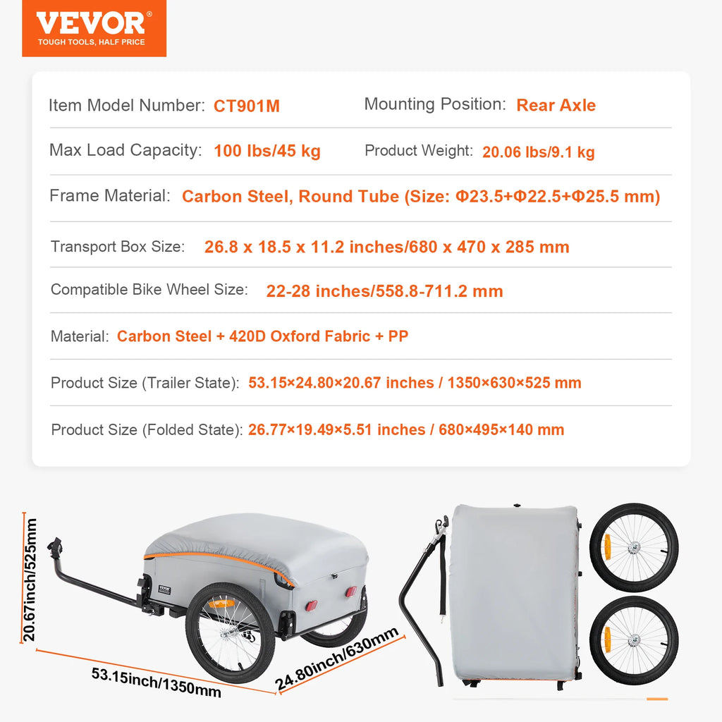 Foldable Bike Cargo Trailer 100lb Capacity Waterproof Cover for 22-28 Inch Bikes