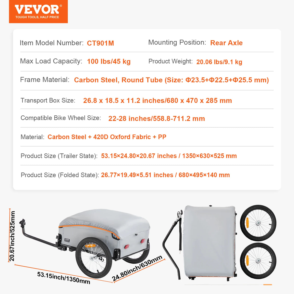 Foldable Bike Cargo Trailer 100lb Capacity Waterproof Cover for 22-28 Inch Bikes