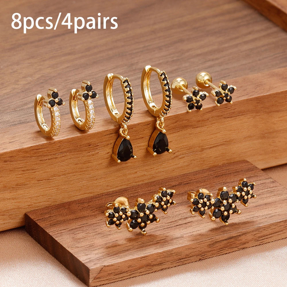 8PCS Stainless Steel Hoop Earrings Set for Women Crystal Flower Geometric Zircon Gold Plated Jewelry