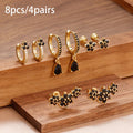 8PCS Stainless Steel Hoop Earrings Set for Women Crystal Flower Geometric Zircon Gold Plated Jewelry