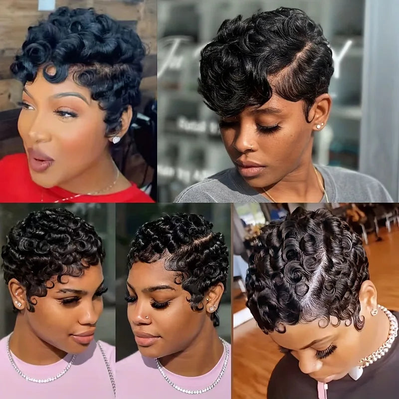 Short Pixie Wigs for Women - 6 Inch Curly Wave Human Hair, Glueless & Dense