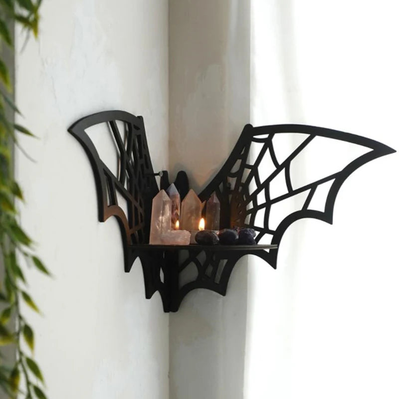 Bat Shaped Floating Corner Shelf - Wooden Gothic Wall Display Shelf for Home Decor