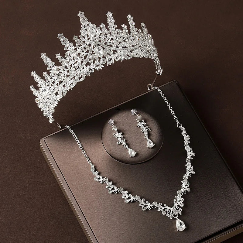 Bridal Wedding Jewelry 4-Piece Set with Crystal Crown Necklace & Earrings - Women's Classic Tiaras