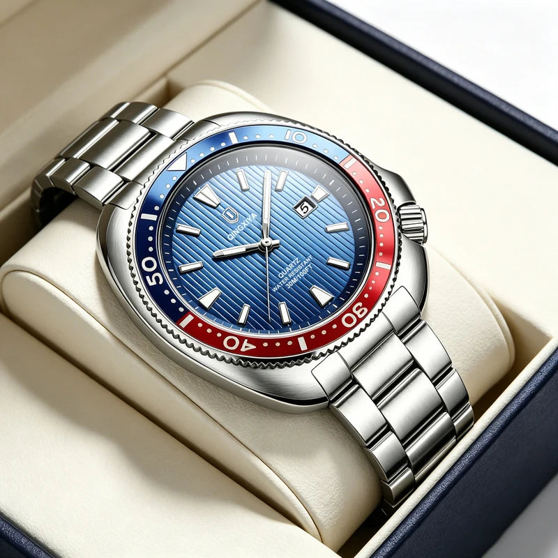 Luxury Men's Quartz Watch with Stainless Steel Band Waterproof Casual Wristwatch