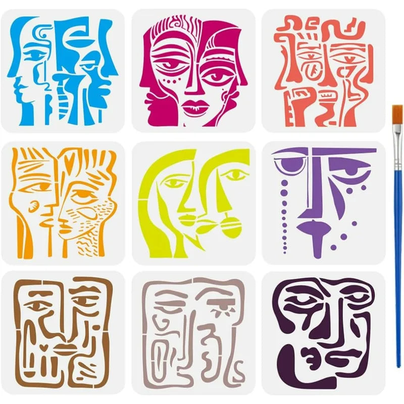 Reusable Abstract Face Painting Stencil Set with Brush - Geometric DIY Templates