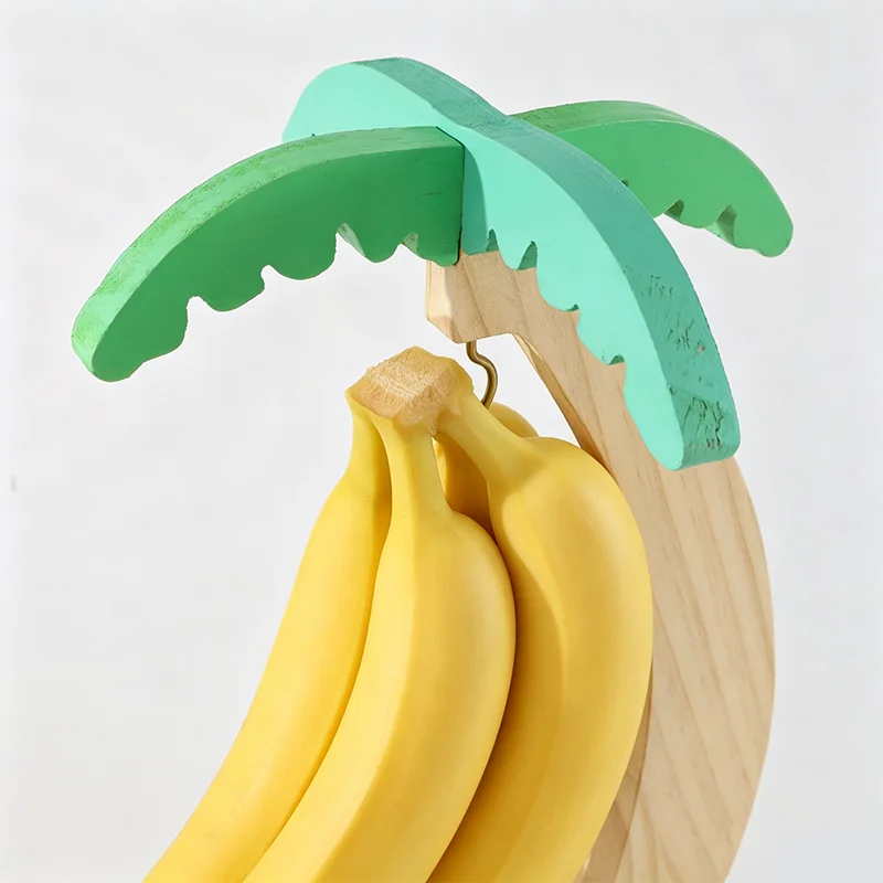 Wooden Banana Rack Hanging Kitchen Organizer with Leaf Design and Hooks