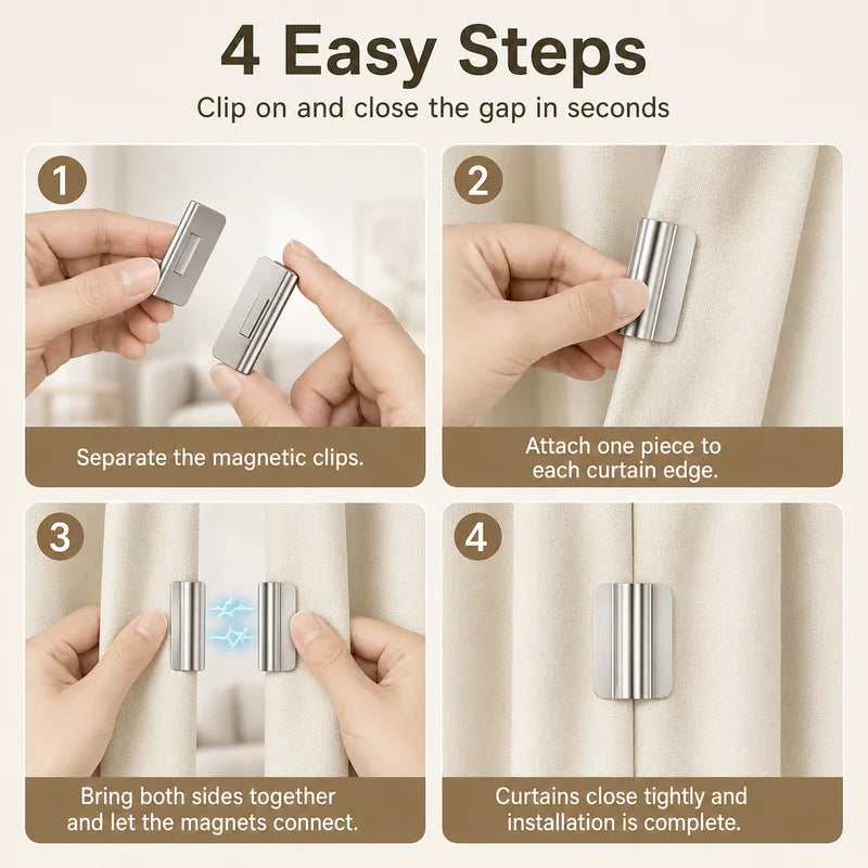 Magnetic Stainless Steel Curtain Clip Set - No Drill Light Blocking Closure Clips