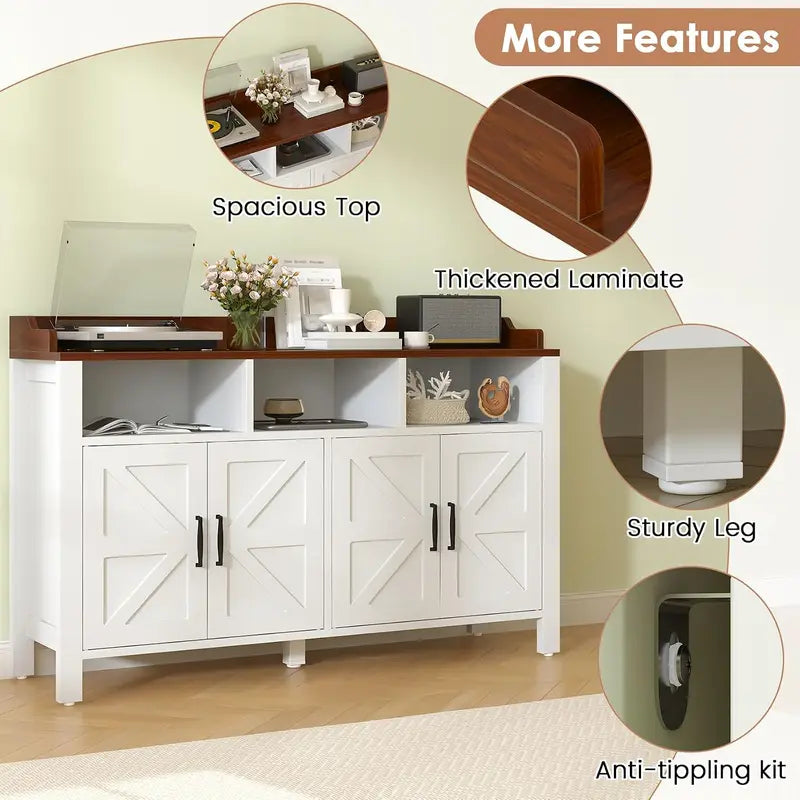 Farmhouse Style Buffet Cabinet with 4 Doors and 3 Open Shelves - Customizable Colors