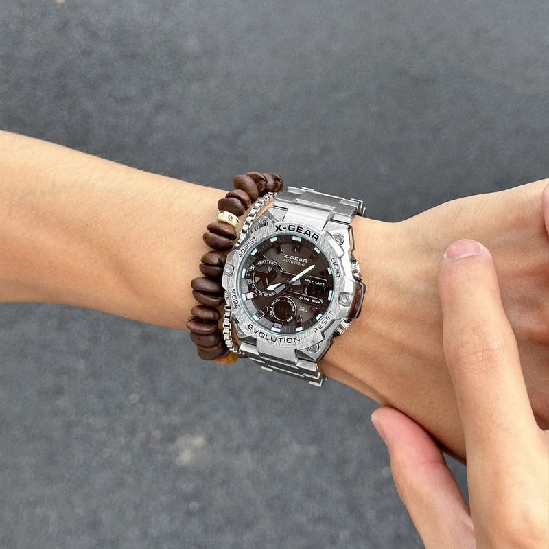 Men's Rotating Windmill Watch with Long Battery Life, Timer & Alarm, Stainless Steel Strap
