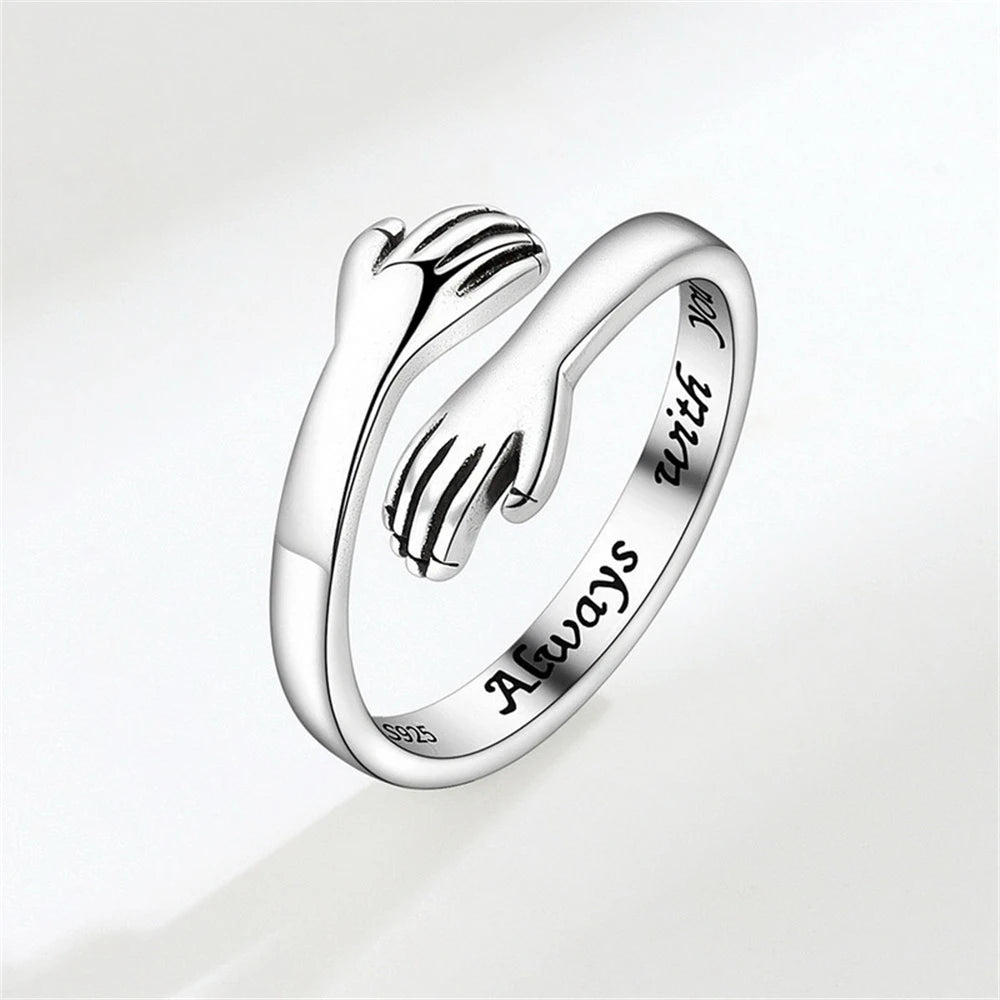 Vintage Silver Love Hugging Hands Couple Ring Adjustable Open Cuff Jewelry