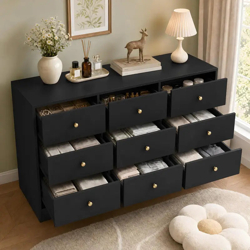 Modern 9-Drawer Dresser with Gold Handles, 57-Inch Wide Storage Chest