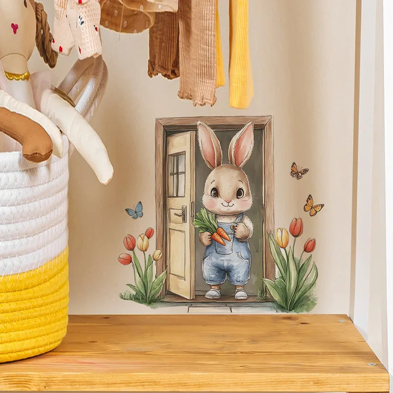 Wooden Bunny Wall Sticker for Kids Room Decor - Self-Adhesive, Waterproof