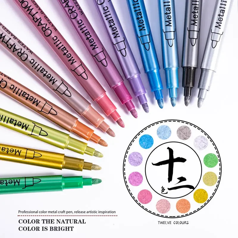 Metallic Paint Markers Set - Silver, Gold, 12 Colors for Black Paper Glass Rock Art