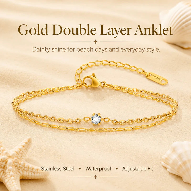 Waterproof Layered Anklet Bracelet for Women, Adjustable Gold Plated Jewelry