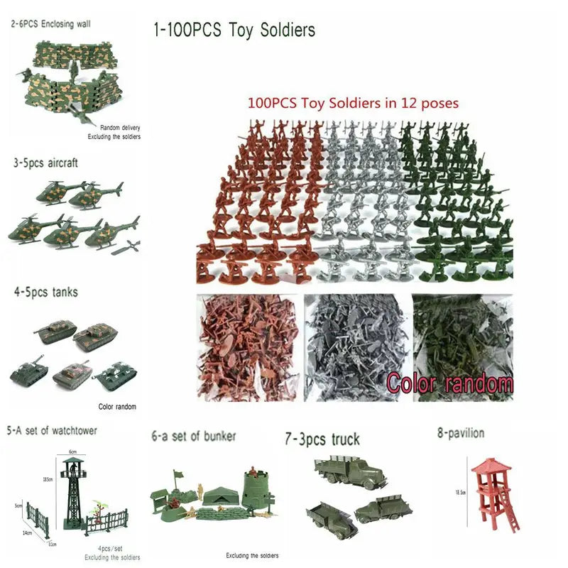 100-Piece Plastic Army Soldier Figures Set with Vehicles & Accessories for Kids