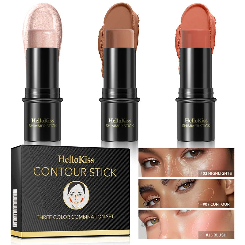 3-Piece Cream Contouring Stick Set for Face - Highlighter, Blush & Contour