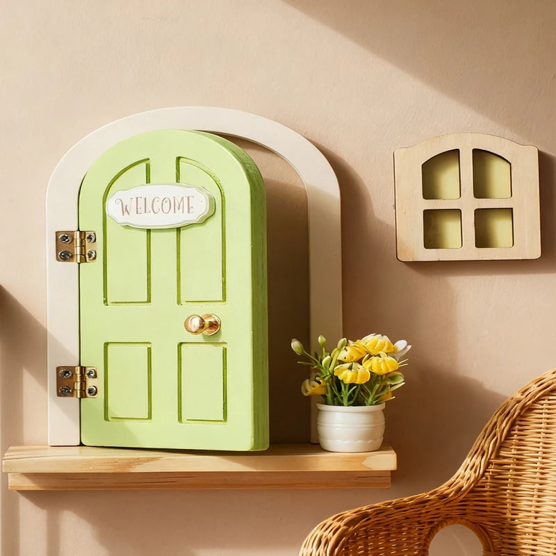 Mini Fairy Elf Door Decor for Dollhouses, Wooden Wall Ornament with Glow in Dark Windows - Fairy Tale Craft Accessory