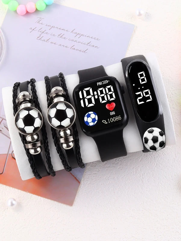 Sports Watch with Silicone Band and Football Leather Bracelet - Gift Set