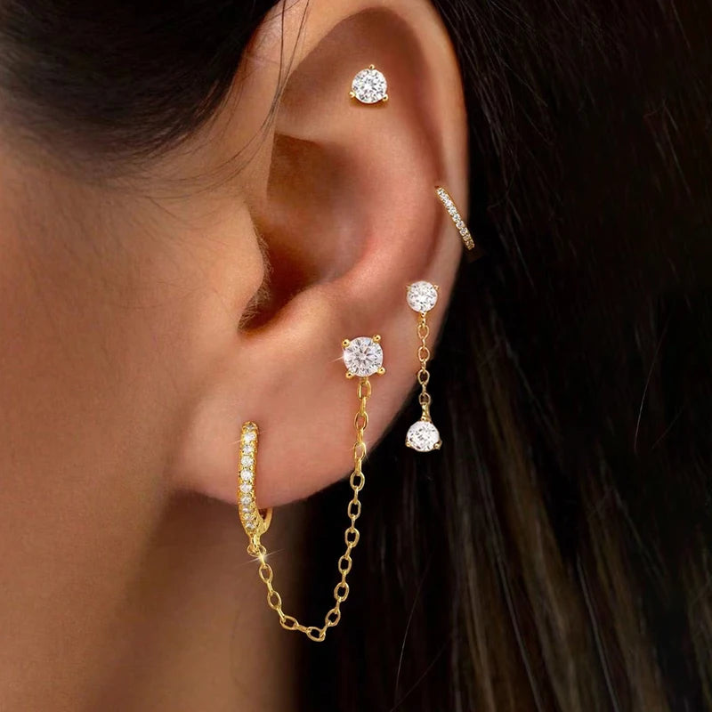4PCS Women's Earrings Set Stainless Steel Cubic Zirconia Moon Star Jewelry - Punk Unisex Piercing