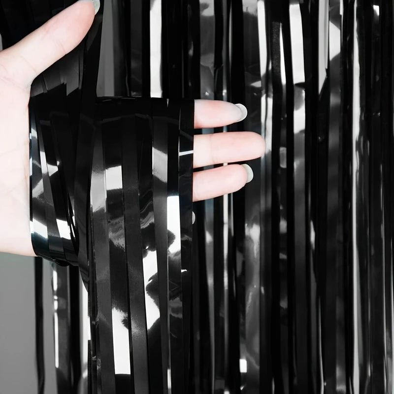 Black Tassel Background Decoration Set for Events and Parties - Metallic Foil Tassel Curtain